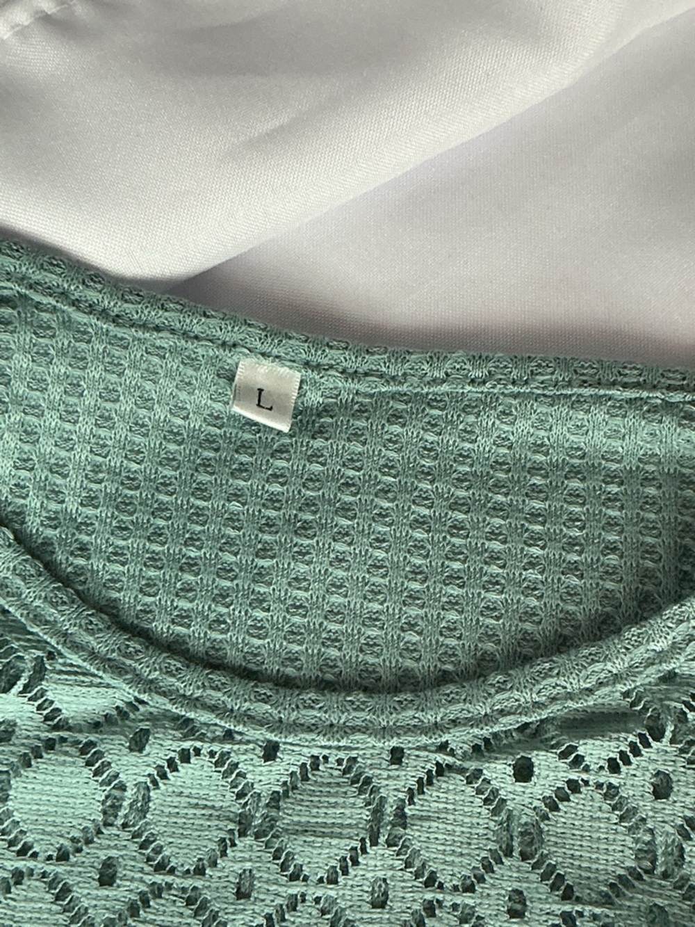 ⭐ Teal Waffle Knit Top Lace Sleeves Boho Casual Oversized Large - Picture 5 of 5